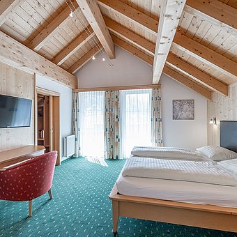 Hotel room with double bed and television.