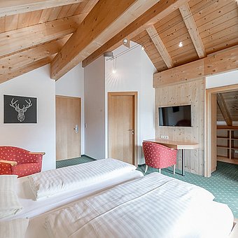Double bed and television in a hotel room.