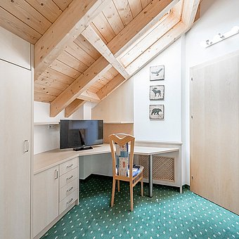 A television and a desk in a hotel room.