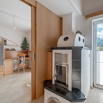 A fireplace in a room.