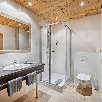 Ein Waschbecken, eine Dusche und eine Toilette in einem Badezimmer.